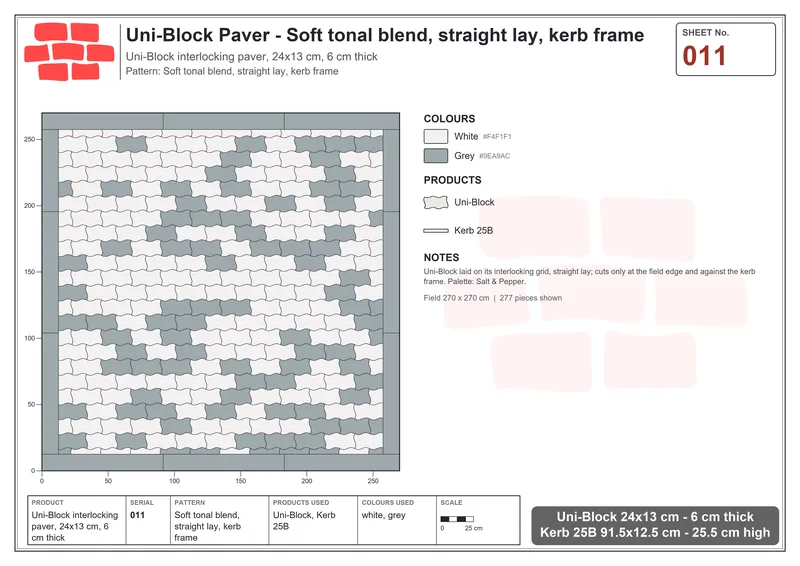 Interlock (Pasco) 24x13 cm · UNI-011 · Soft tonal blend, straight lay, kerb frame · Laying plan