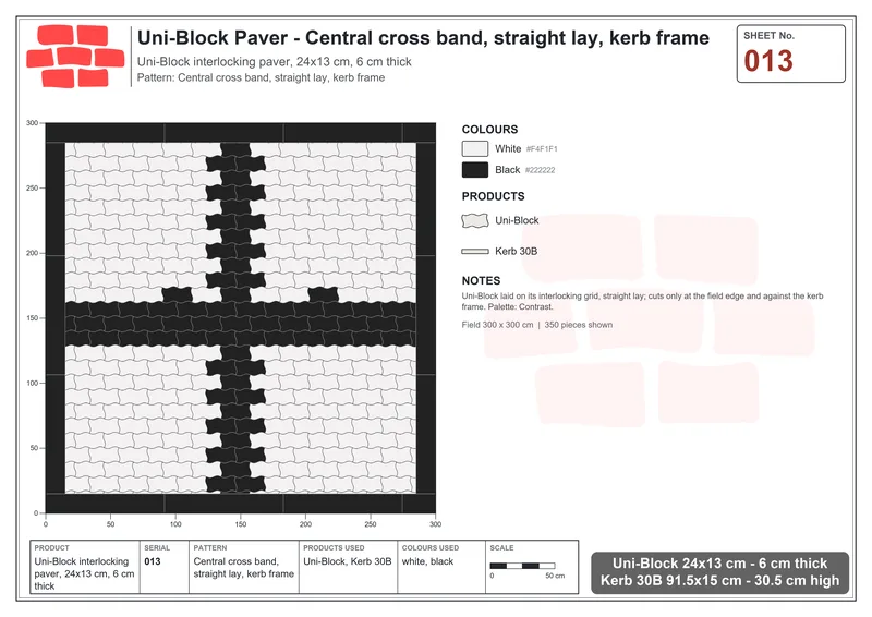 Interlock (Pasco) 24x13 cm · UNI-013 · Central cross band, straight lay, kerb frame · Laying plan