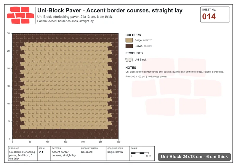Interlock (Pasco) 24x13 cm · UNI-014 · Accent border courses, straight lay · Laying plan