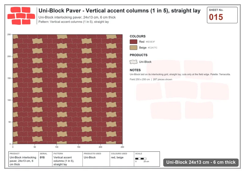 Interlock (Pasco) 24x13 cm · UNI-015 · Vertical accent columns (1 in 5), straight lay · Laying plan