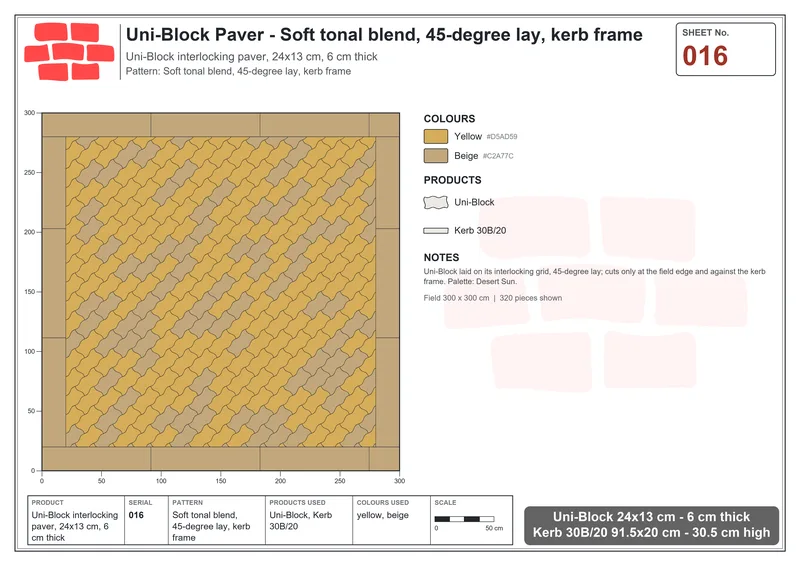 Interlock (Pasco) 24x13 cm · UNI-016 · Soft tonal blend, 45-degree lay, kerb frame · Laying plan