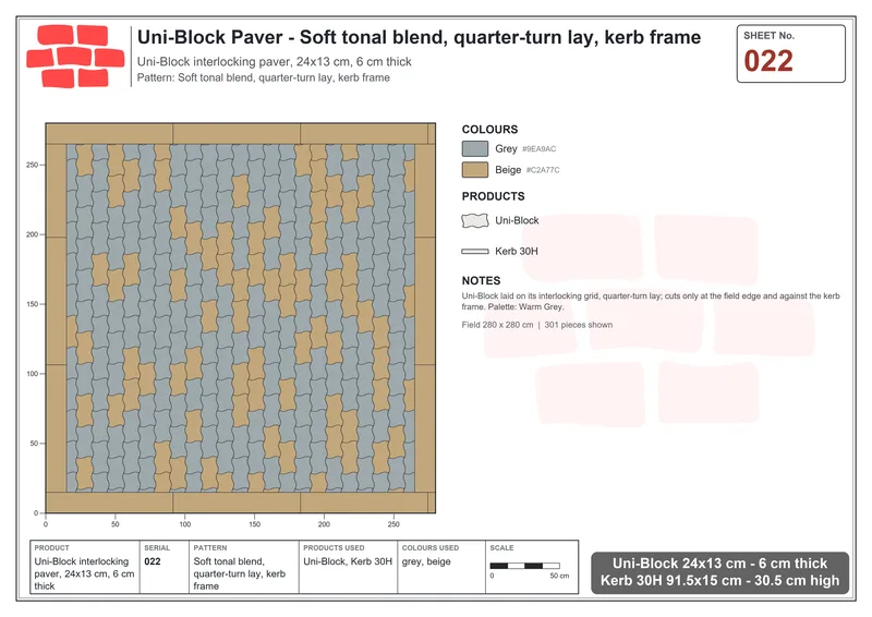 Interlock (Pasco) 24x13 cm · UNI-022 · Soft tonal blend, quarter-turn lay, kerb frame · Laying plan