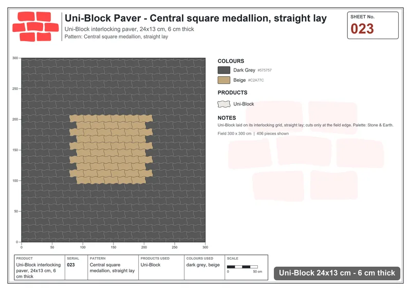 Interlock (Pasco) 24x13 cm · UNI-023 · Central square medallion, straight lay · Laying plan