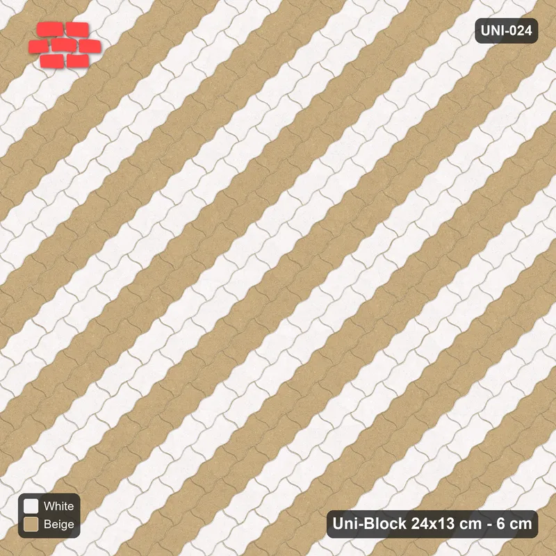 Interlock (Pasco) 24x13 cm · UNI-024 · Diagonal accent courses (2 in 4), 45-degree lay · Top view Interlock (Pasco) 24x13 cm · UNI-024 · Diagonal accent courses (2 in 4), 45-degree lay · Top view