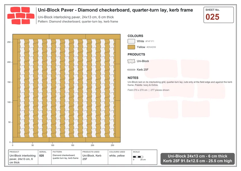 Interlock (Pasco) 24x13 cm · UNI-025 · Diamond checkerboard, quarter-turn lay, kerb frame · Laying plan