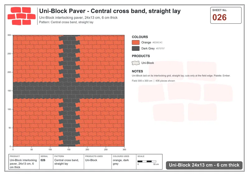 Interlock (Pasco) 24x13 cm · UNI-026 · Central cross band, straight lay · Laying plan