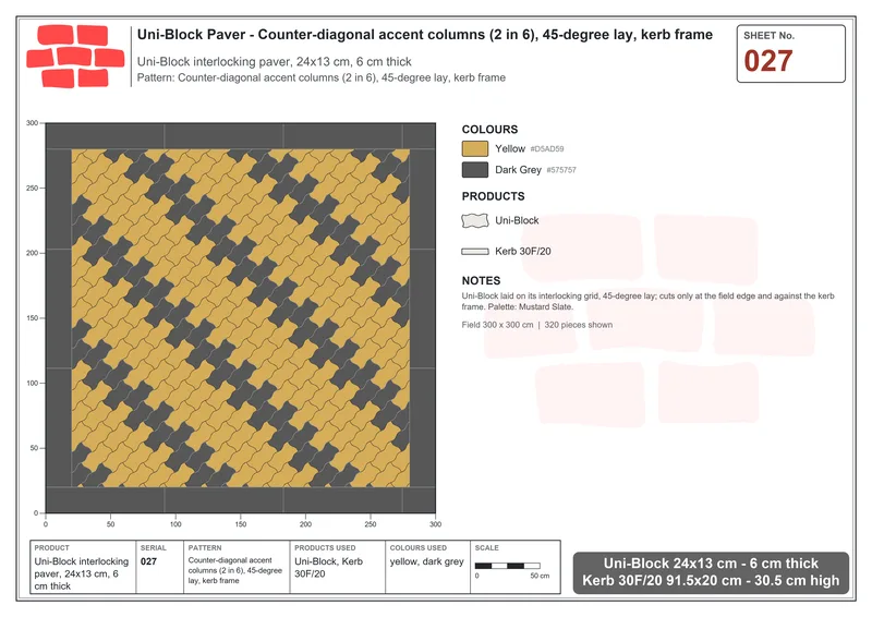 Interlock (Pasco) 24x13 cm · UNI-027 · Counter-diagonal accent columns (2 in 6), 45-degree lay, kerb frame · Laying plan