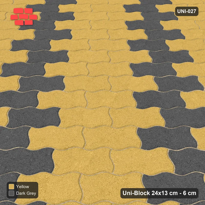 Interlock (Pasco) 24x13 cm · UNI-027 · Counter-diagonal accent columns (2 in 6), 45-degree lay, kerb frame · Side view Interlock (Pasco) 24x13 cm · UNI-027 · Counter-diagonal accent columns (2 in 6), 45-degree lay, kerb frame · Side view