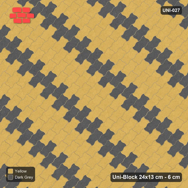 Interlock (Pasco) 24x13 cm · UNI-027 · Counter-diagonal accent columns (2 in 6), 45-degree lay, kerb frame · Top view Interlock (Pasco) 24x13 cm · UNI-027 · Counter-diagonal accent columns (2 in 6), 45-degree lay, kerb frame · Top view