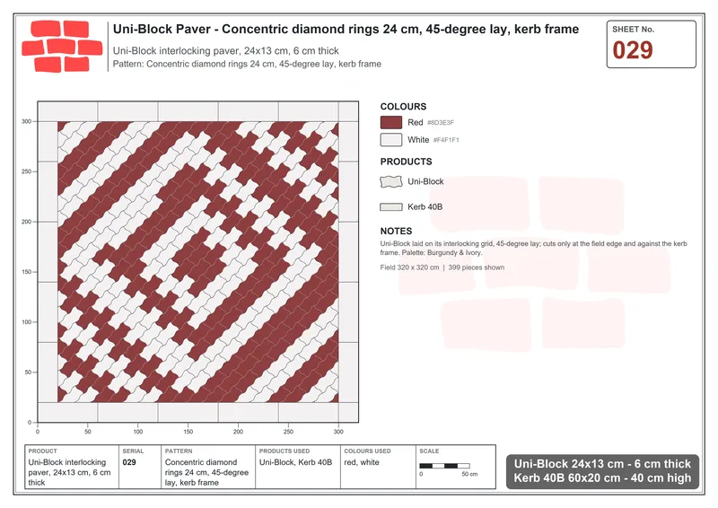 Interlock (Pasco) 24x13 cm · UNI-029 · Concentric diamond rings 24 cm, 45-degree lay, kerb frame · Laying plan