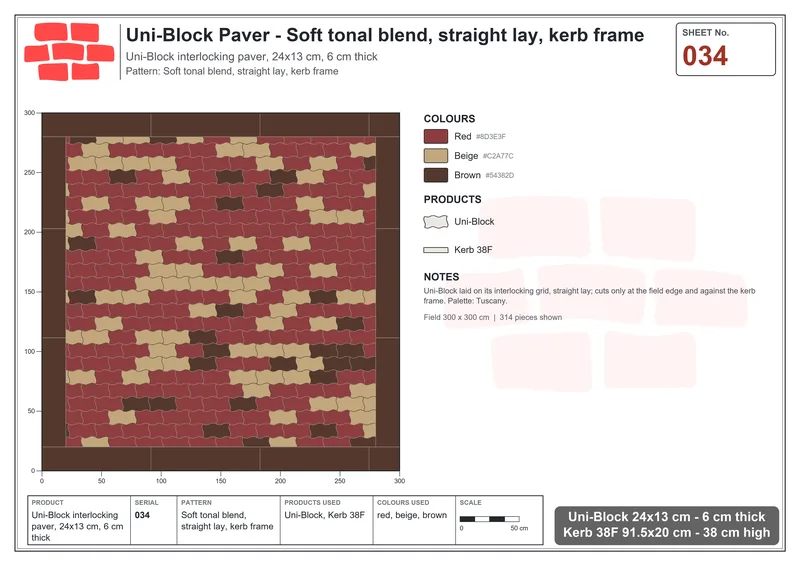 Interlock (Pasco) 24x13 cm · UNI-034 · Soft tonal blend, straight lay, kerb frame · Laying plan