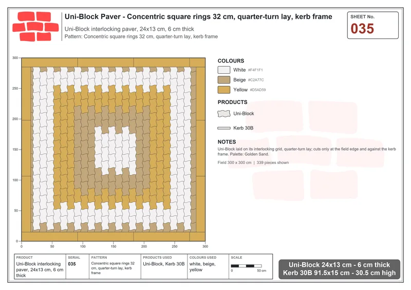 Interlock (Pasco) 24x13 cm · UNI-035 · Concentric square rings 32 cm, quarter-turn lay, kerb frame · Laying plan