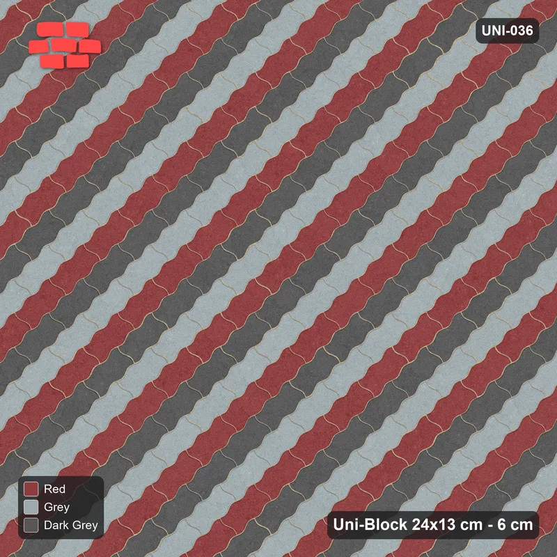 Interlock (Pasco) 24x13 cm · UNI-036 · Diagonal stripes cycling 3 tones, 45-degree lay, kerb frame · Top view Interlock (Pasco) 24x13 cm · UNI-036 · Diagonal stripes cycling 3 tones, 45-degree lay, kerb frame · Top view