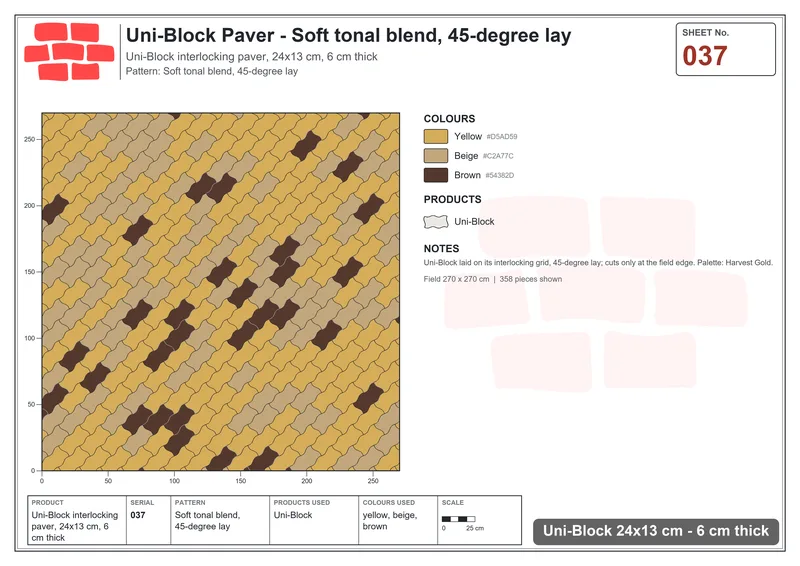 Interlock (Pasco) 24x13 cm · UNI-037 · Soft tonal blend, 45-degree lay · Laying plan