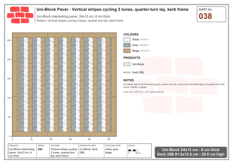 Interlock (Pasco) 24x13 cm · UNI-038 · Vertical stripes cycling 3 tones, quarter-turn lay, kerb frame · Laying plan