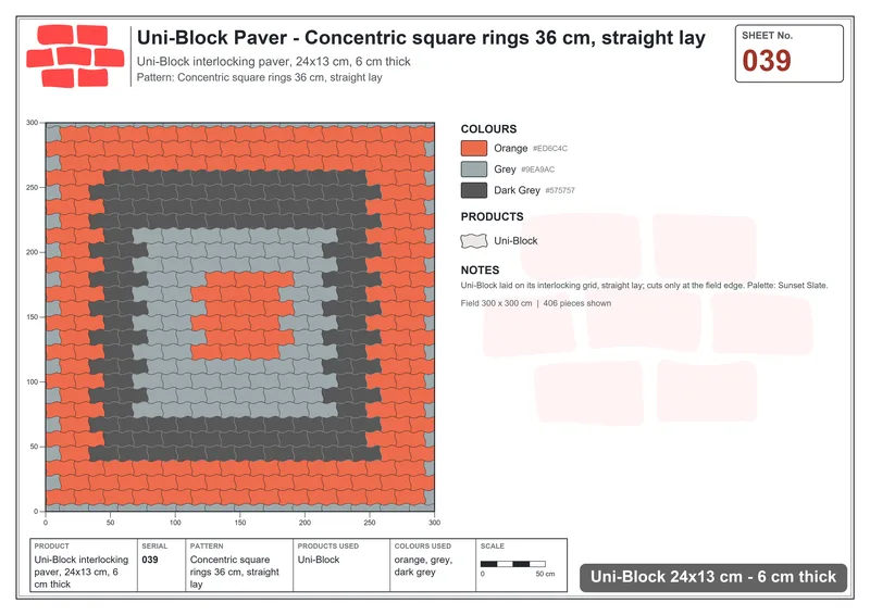 Interlock (Pasco) 24x13 cm · UNI-039 · Concentric square rings 36 cm, straight lay · Laying plan