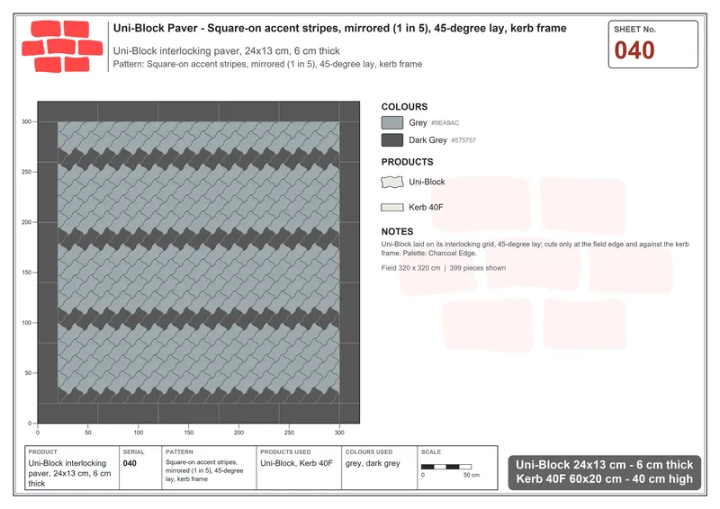 Interlock (Pasco) 24x13 cm · UNI-040 · Square-on accent stripes, mirrored (1 in 5), 45-degree lay, kerb frame · Laying plan