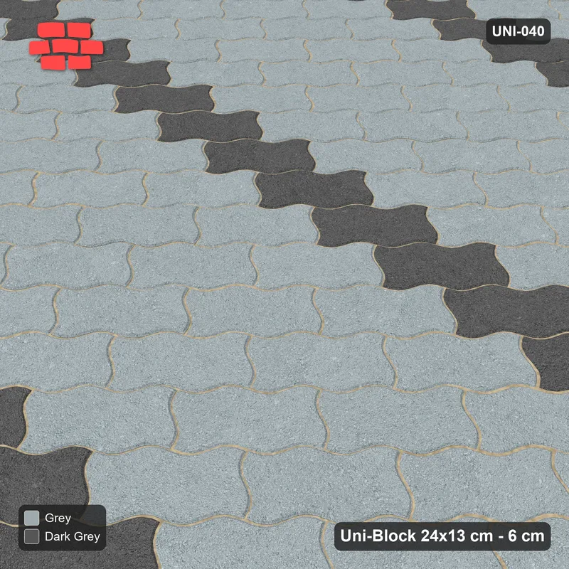 Interlock (Pasco) 24x13 cm · UNI-040 · Square-on accent stripes, mirrored (1 in 5), 45-degree lay, kerb frame · Side view Interlock (Pasco) 24x13 cm · UNI-040 · Square-on accent stripes, mirrored (1 in 5), 45-degree lay, kerb frame · Side view