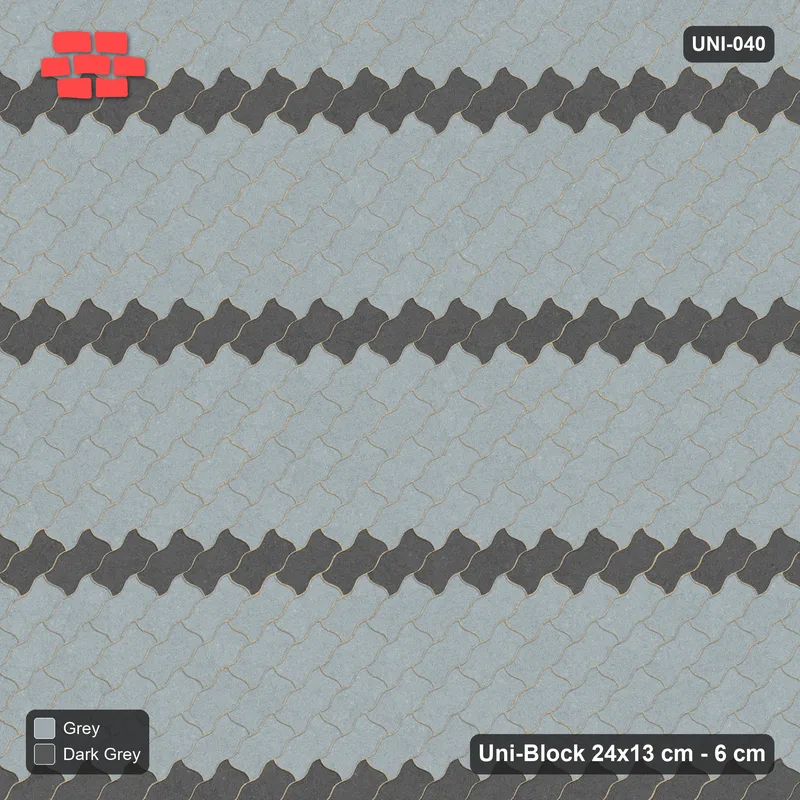 Interlock (Pasco) 24x13 cm · UNI-040 · Square-on accent stripes, mirrored (1 in 5), 45-degree lay, kerb frame · Top view Interlock (Pasco) 24x13 cm · UNI-040 · Square-on accent stripes, mirrored (1 in 5), 45-degree lay, kerb frame · Top view