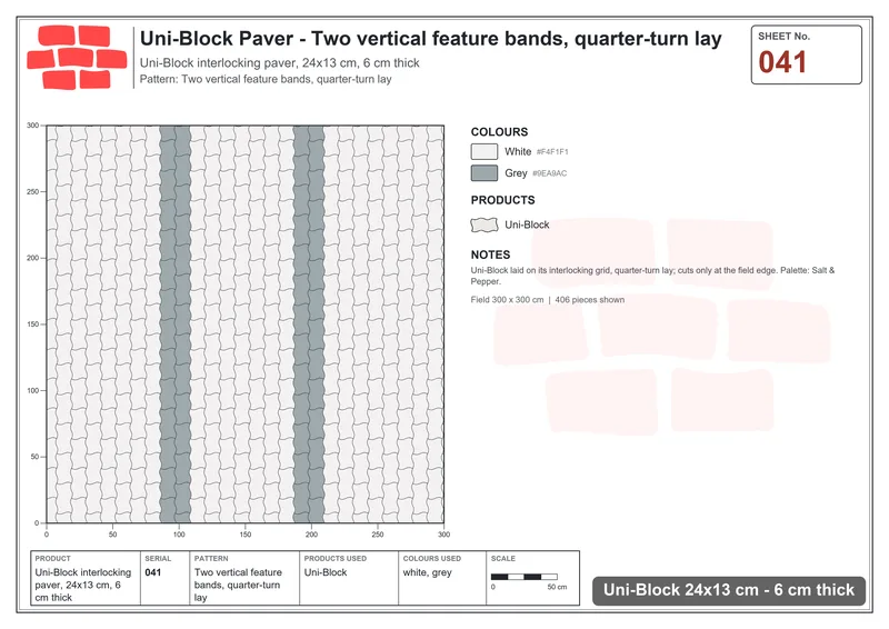 Interlock (Pasco) 24x13 cm · UNI-041 · Two vertical feature bands, quarter-turn lay · Laying plan