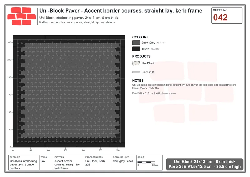 Interlock (Pasco) 24x13 cm · UNI-042 · Accent border courses, straight lay, kerb frame · Laying plan