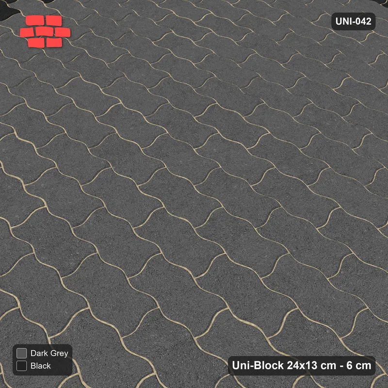 Interlock (Pasco) 24x13 cm · UNI-042 · Accent border courses, straight lay, kerb frame · Side view Interlock (Pasco) 24x13 cm · UNI-042 · Accent border courses, straight lay, kerb frame · Side view