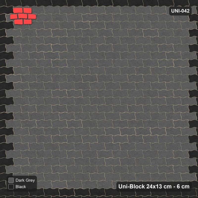 Interlock (Pasco) 24x13 cm · UNI-042 · Accent border courses, straight lay, kerb frame · Top view Interlock (Pasco) 24x13 cm · UNI-042 · Accent border courses, straight lay, kerb frame · Top view