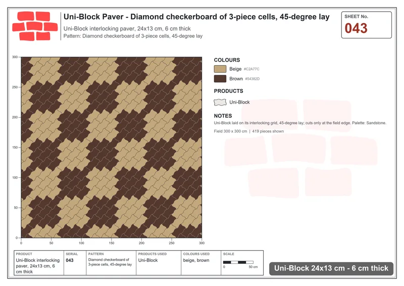 Interlock (Pasco) 24x13 cm · UNI-043 · Diamond checkerboard of 3-piece cells, 45-degree lay · Laying plan