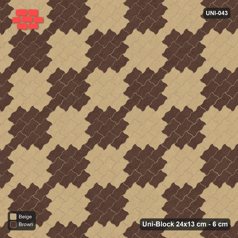 Interlock (Pasco) 24x13 cm · UNI-043 · Diamond checkerboard of 3-piece cells, 45-degree lay · Top view Interlock (Pasco) 24x13 cm · UNI-043 · Diamond checkerboard of 3-piece cells, 45-degree lay · Top view