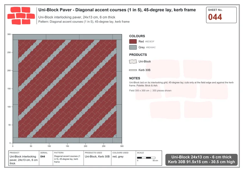 Interlock (Pasco) 24x13 cm · UNI-044 · Diagonal accent courses (1 in 5), 45-degree lay, kerb frame · Laying plan