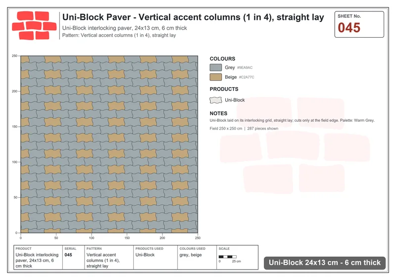 Interlock (Pasco) 24x13 cm · UNI-045 · Vertical accent columns (1 in 4), straight lay · Laying plan