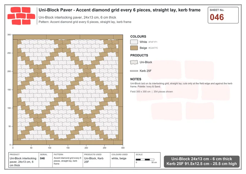 Interlock (Pasco) 24x13 cm · UNI-046 · Accent diamond grid every 6 pieces, straight lay, kerb frame · Laying plan