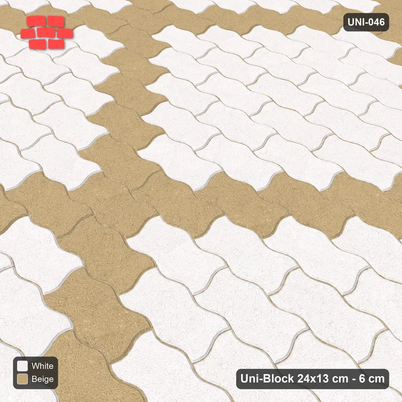 Interlock (Pasco) 24x13 cm · UNI-046 · Accent diamond grid every 6 pieces, straight lay, kerb frame · Side view Interlock (Pasco) 24x13 cm · UNI-046 · Accent diamond grid every 6 pieces, straight lay, kerb frame · Side view