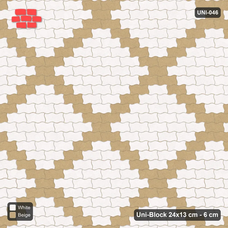 Interlock (Pasco) 24x13 cm · UNI-046 · Accent diamond grid every 6 pieces, straight lay, kerb frame · Top view Interlock (Pasco) 24x13 cm · UNI-046 · Accent diamond grid every 6 pieces, straight lay, kerb frame · Top view