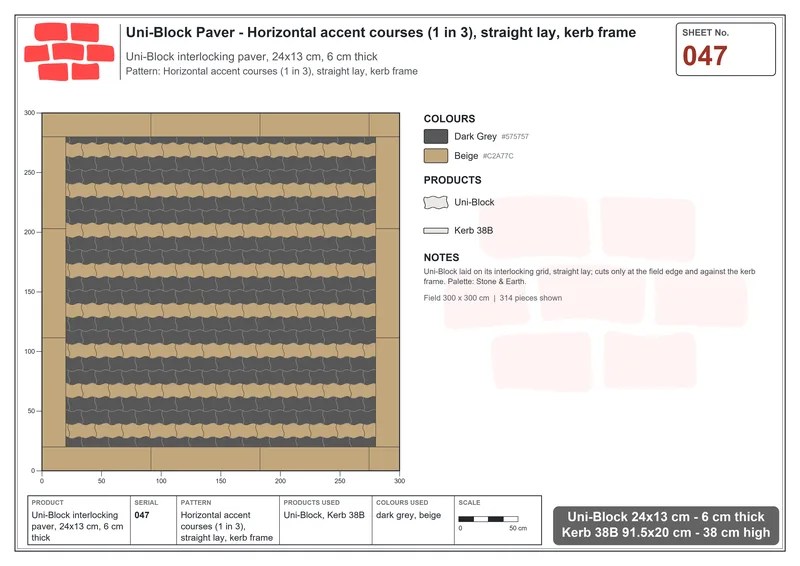 Interlock (Pasco) 24x13 cm · UNI-047 · Horizontal accent courses (1 in 3), straight lay, kerb frame · Laying plan