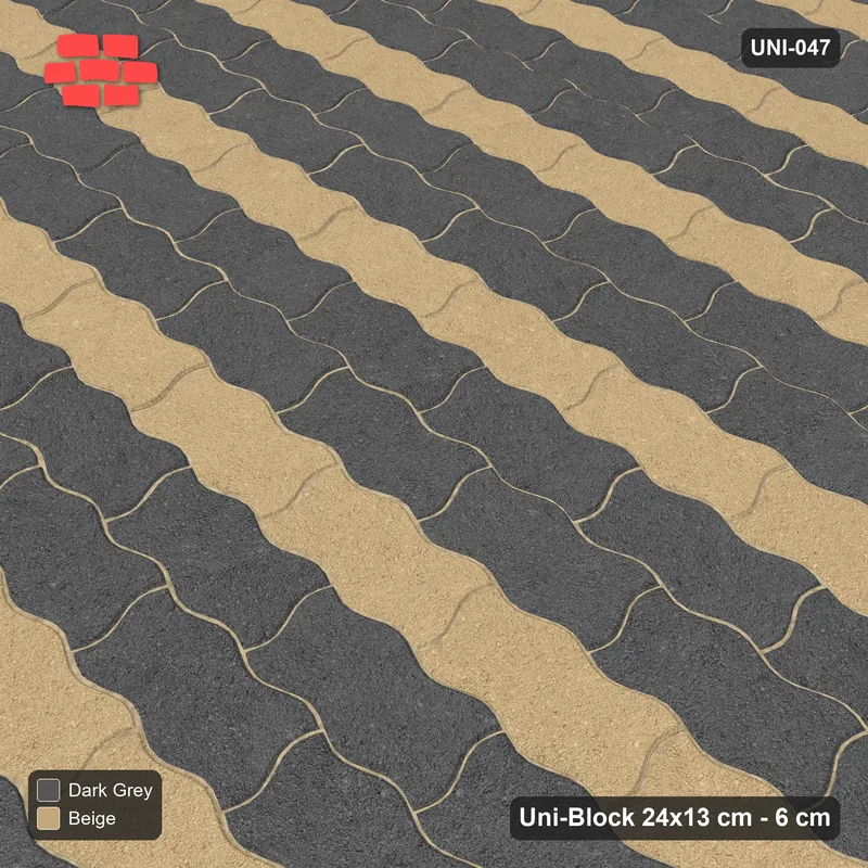 Interlock (Pasco) 24x13 cm · UNI-047 · Horizontal accent courses (1 in 3), straight lay, kerb frame · Side view Interlock (Pasco) 24x13 cm · UNI-047 · Horizontal accent courses (1 in 3), straight lay, kerb frame · Side view