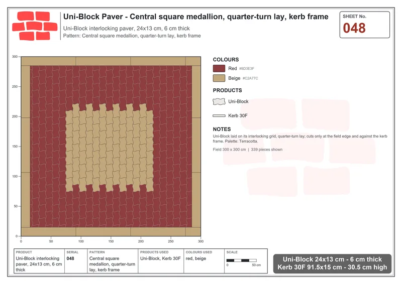Interlock (Pasco) 24x13 cm · UNI-048 · Central square medallion, quarter-turn lay, kerb frame · Laying plan