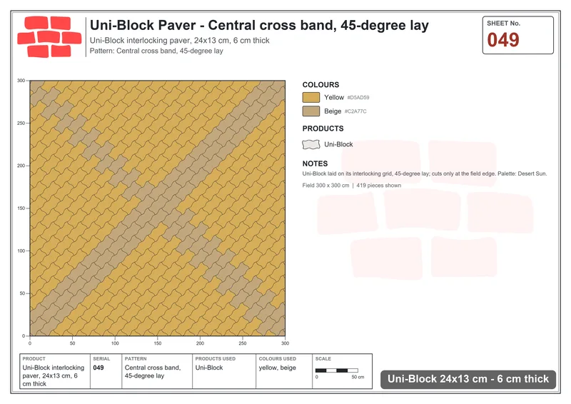 Interlock (Pasco) 24x13 cm · UNI-049 · Central cross band, 45-degree lay · Laying plan