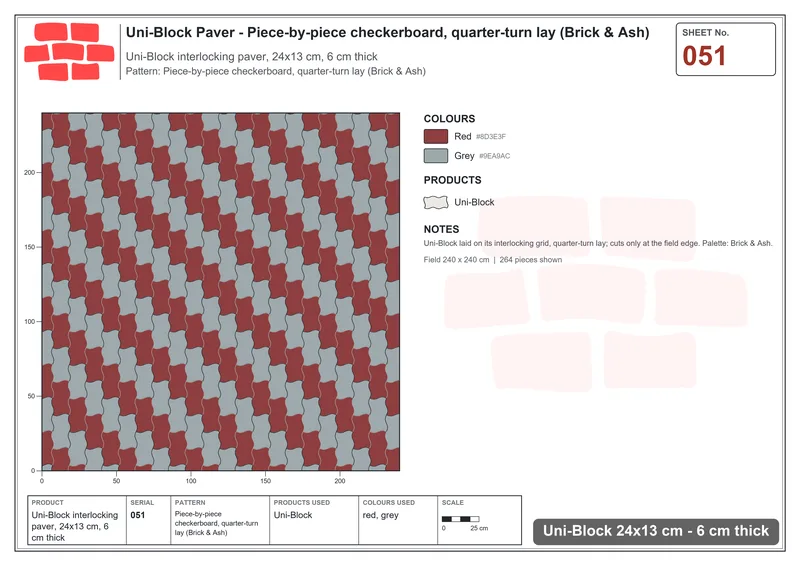 Interlock (Pasco) 24x13 cm · UNI-051 · Piece-by-piece checkerboard, quarter-turn lay (Brick & Ash) · Laying plan