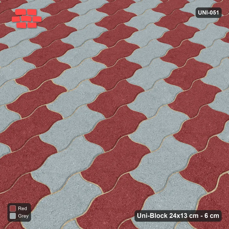 Interlock (Pasco) 24x13 cm · UNI-051 · Piece-by-piece checkerboard, quarter-turn lay (Brick & Ash) · Side view Interlock (Pasco) 24x13 cm · UNI-051 · Piece-by-piece checkerboard, quarter-turn lay (Brick & Ash) · Side view
