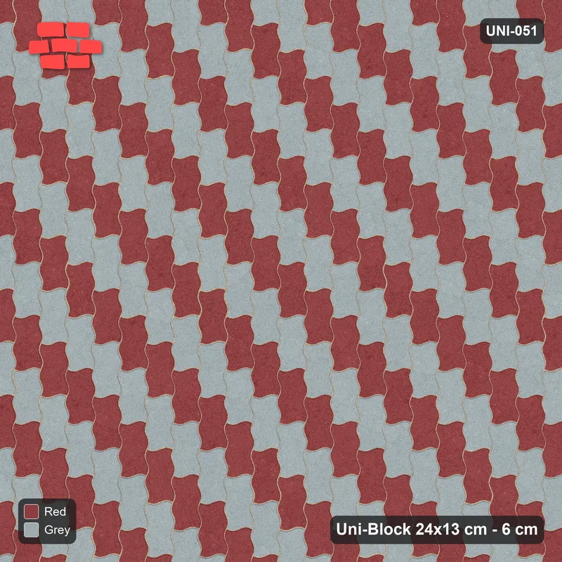 Interlock (Pasco) 24x13 cm · UNI-051 · Piece-by-piece checkerboard, quarter-turn lay (Brick & Ash) · Top view Interlock (Pasco) 24x13 cm · UNI-051 · Piece-by-piece checkerboard, quarter-turn lay (Brick & Ash) · Top view