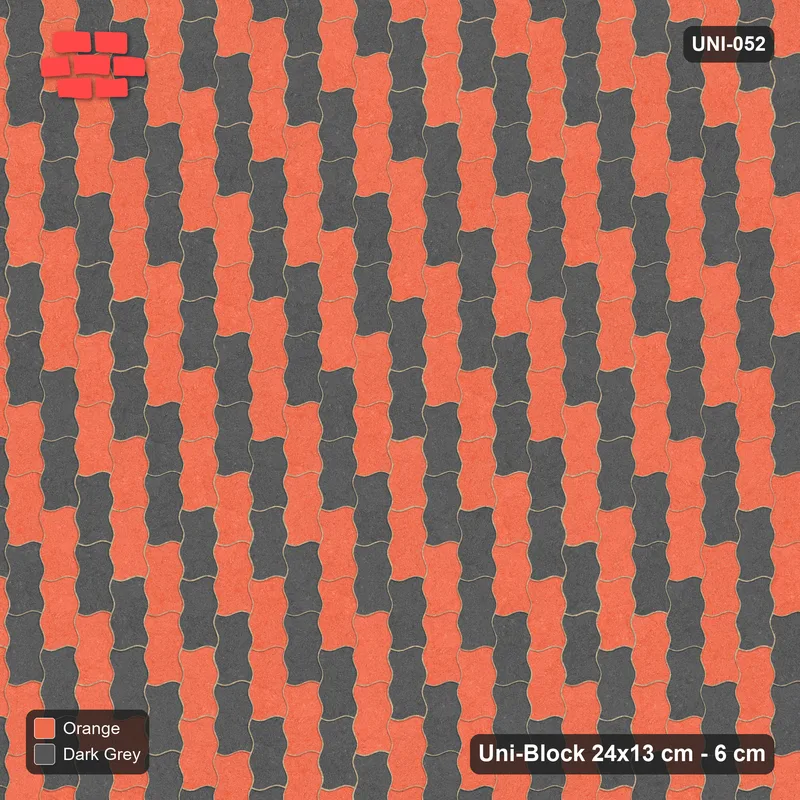 Interlock (Pasco) 24x13 cm · UNI-052 · Checkerboard of 2-piece pairs, quarter-turn lay (Ember) · Top view Interlock (Pasco) 24x13 cm · UNI-052 · Checkerboard of 2-piece pairs, quarter-turn lay (Ember) · Top view