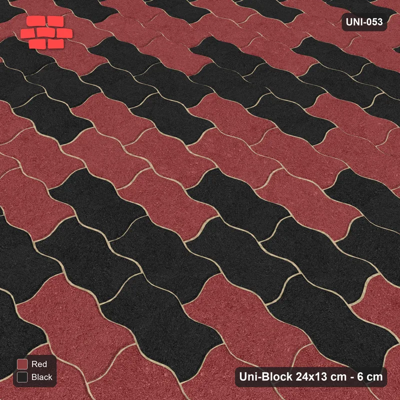 Interlock (Pasco) 24x13 cm · UNI-053 · Checkerboard of 2x2 piece blocks, straight lay, kerb frame (Red & Black) · Side view Interlock (Pasco) 24x13 cm · UNI-053 · Checkerboard of 2x2 piece blocks, straight lay, kerb frame (Red & Black) · Side view