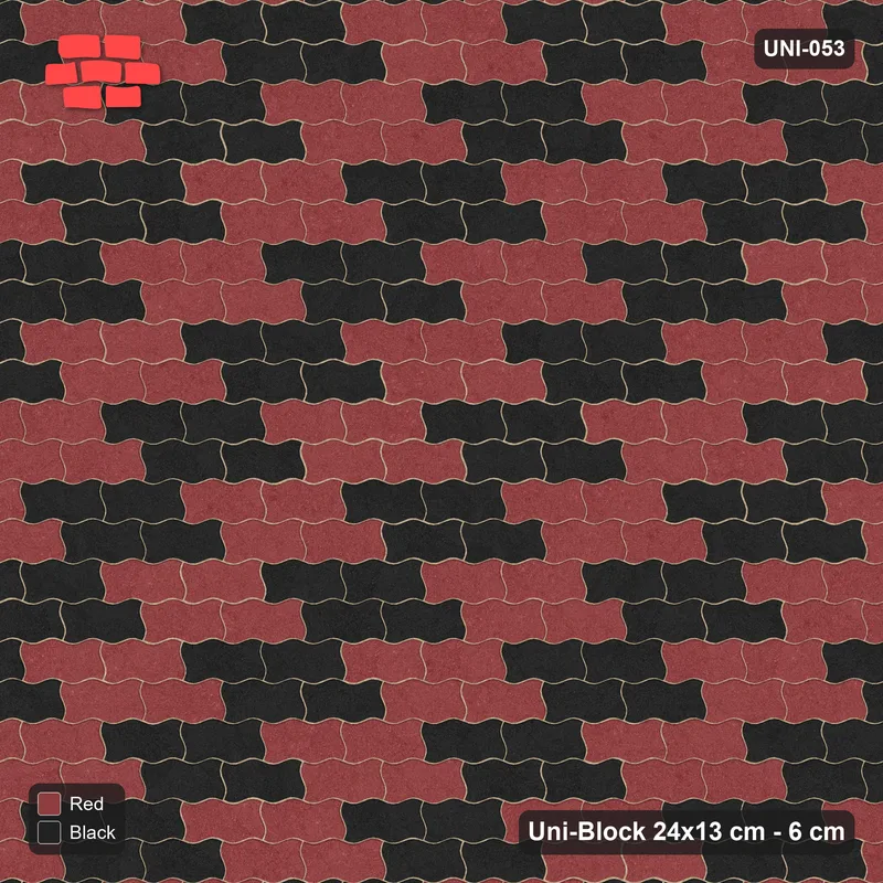 Interlock (Pasco) 24x13 cm · UNI-053 · Checkerboard of 2x2 piece blocks, straight lay, kerb frame (Red & Black) · Top view Interlock (Pasco) 24x13 cm · UNI-053 · Checkerboard of 2x2 piece blocks, straight lay, kerb frame (Red & Black) · Top view