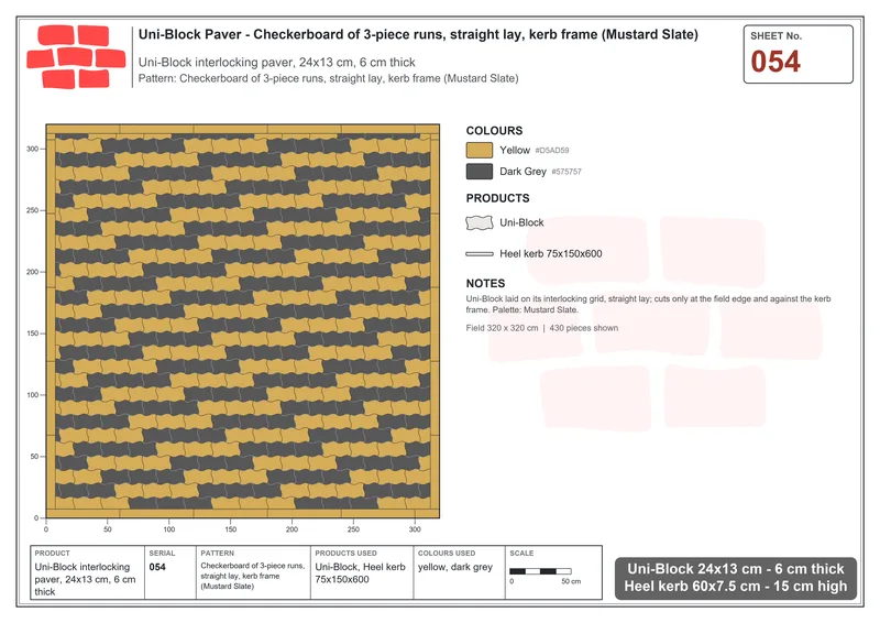 Interlock (Pasco) 24x13 cm · UNI-054 · Checkerboard of 3-piece runs, straight lay, kerb frame (Mustard Slate) · Laying plan