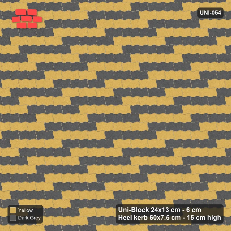 Interlock (Pasco) 24x13 cm · UNI-054 · Checkerboard of 3-piece runs, straight lay, kerb frame (Mustard Slate) · Top view Interlock (Pasco) 24x13 cm · UNI-054 · Checkerboard of 3-piece runs, straight lay, kerb frame (Mustard Slate) · Top view