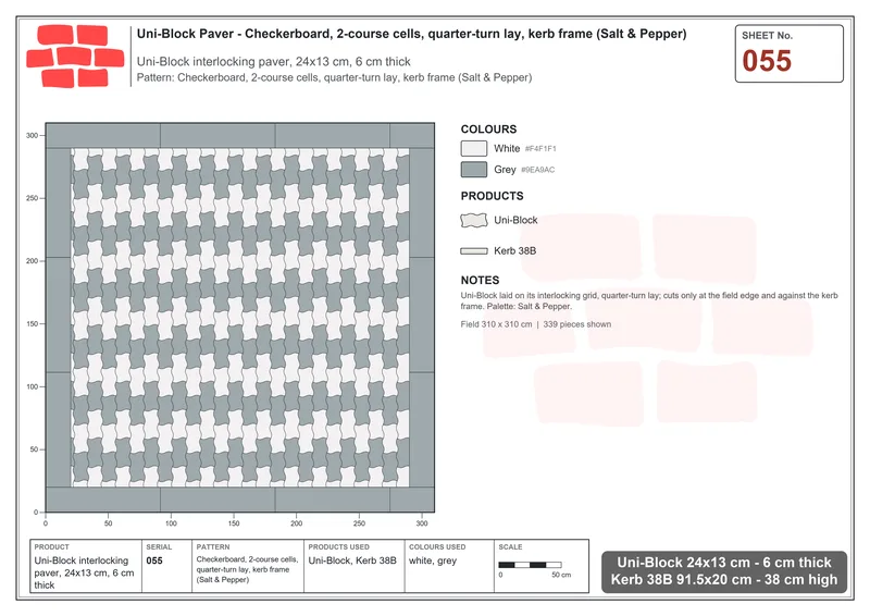 Interlock (Pasco) 24x13 cm · UNI-055 · Checkerboard, 2-course cells, quarter-turn lay, kerb frame (Salt & Pepper) · Laying plan