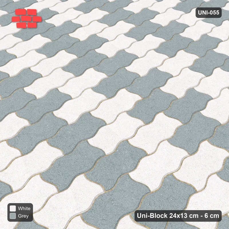 Interlock (Pasco) 24x13 cm · UNI-055 · Checkerboard, 2-course cells, quarter-turn lay, kerb frame (Salt & Pepper) · Side view Interlock (Pasco) 24x13 cm · UNI-055 · Checkerboard, 2-course cells, quarter-turn lay, kerb frame (Salt & Pepper) · Side view
