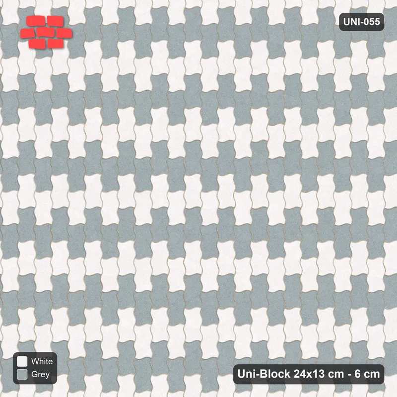 Interlock (Pasco) 24x13 cm · UNI-055 · Checkerboard, 2-course cells, quarter-turn lay, kerb frame (Salt & Pepper) · Top view Interlock (Pasco) 24x13 cm · UNI-055 · Checkerboard, 2-course cells, quarter-turn lay, kerb frame (Salt & Pepper) · Top view