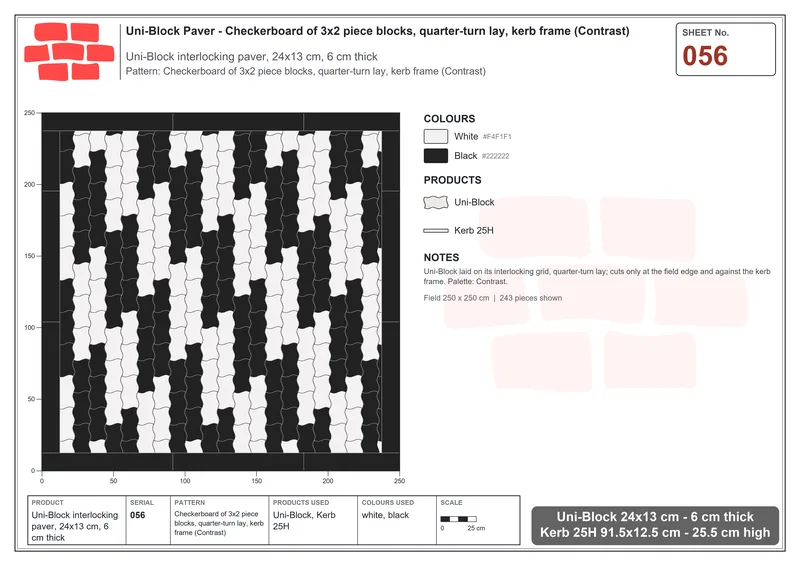 Interlock (Pasco) 24x13 cm · UNI-056 · Checkerboard of 3x2 piece blocks, quarter-turn lay, kerb frame (Contrast) · Laying plan